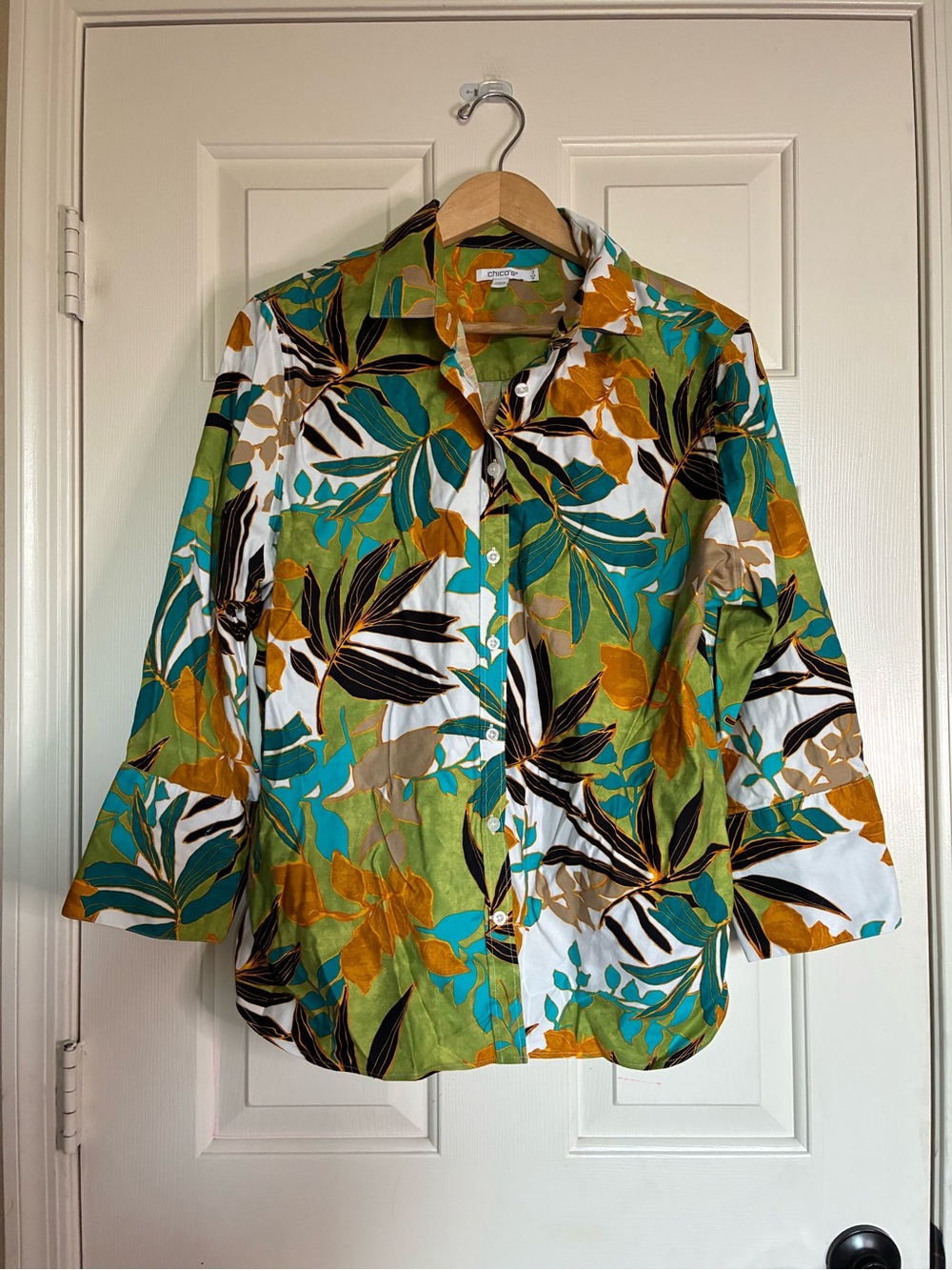 Chico's Vibrant Floral Print Top in Teal, Mustard & Olive